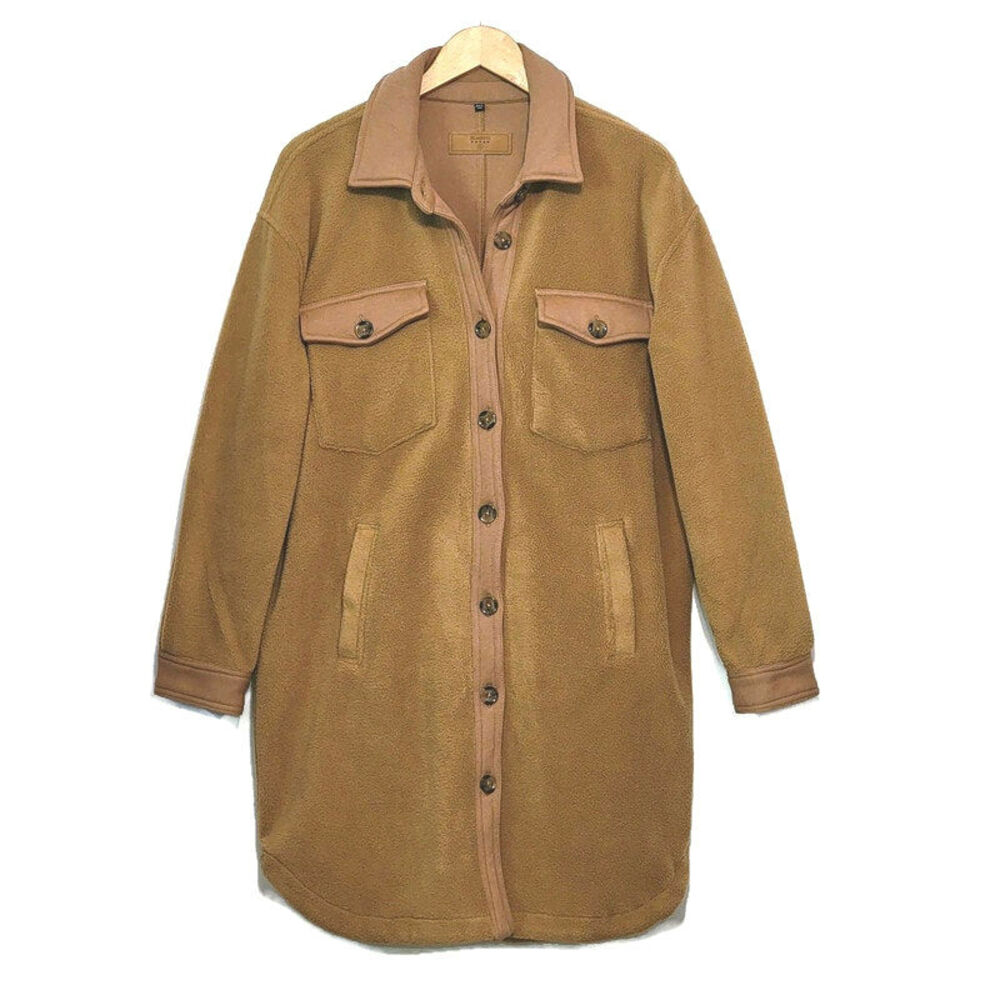 BlankNYC Fleece Shacket Camel Tan Button Down Long Jacket Size S Oversized - Picture 16 of 16
